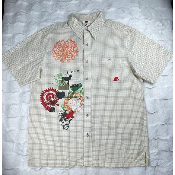 🔥Checked Yellow Gray Skull Artsy Painted Short Sleeve Button Up Shirt 2XL - Picture 1 of 15